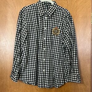 Ralph Lauren black & cream checked button down. Gold embroidered logo. Size XL